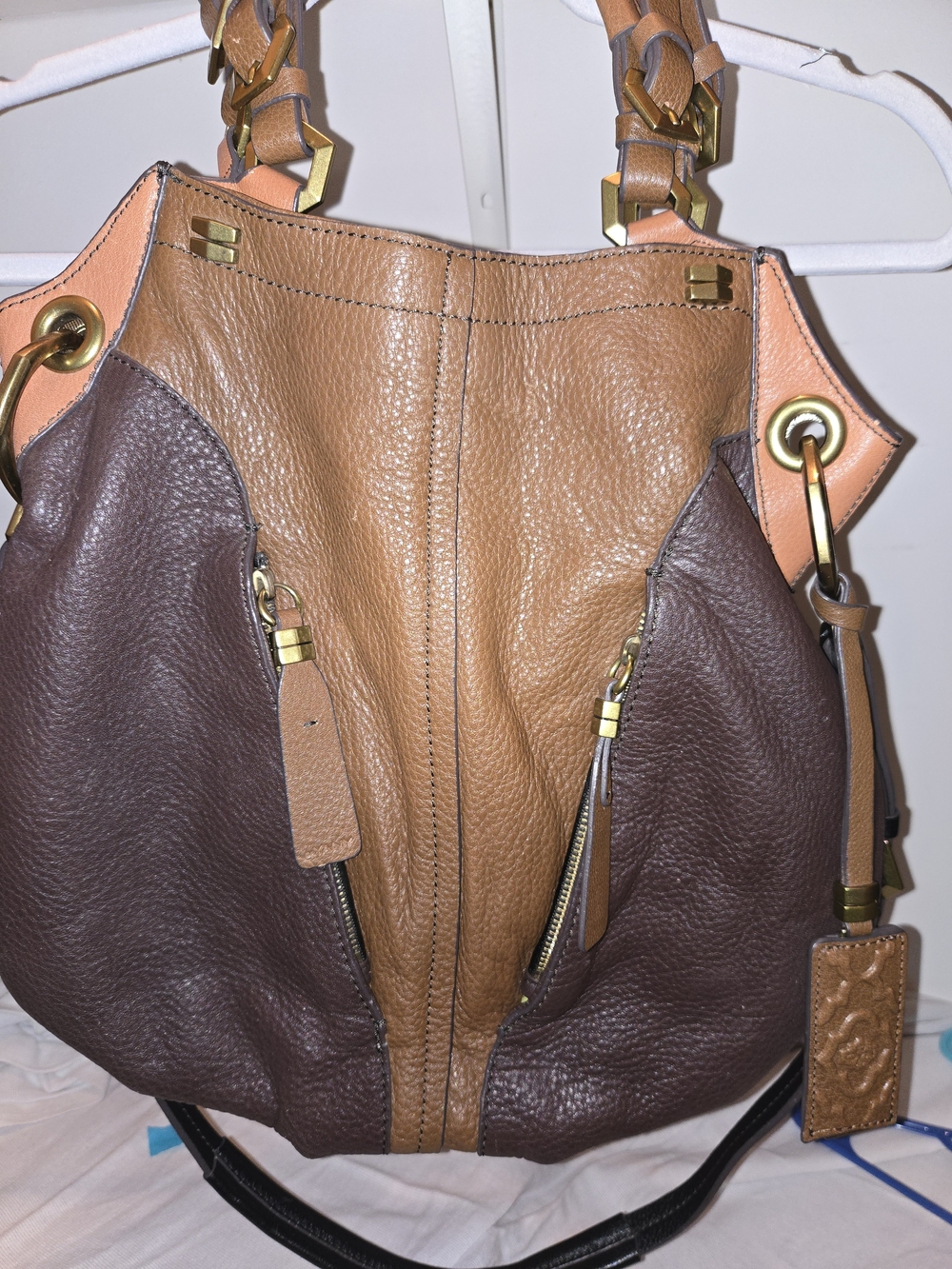 orYANY Color-Blocked Three-Tone Brown Leather Hobo with Gold Hardware. GUC.